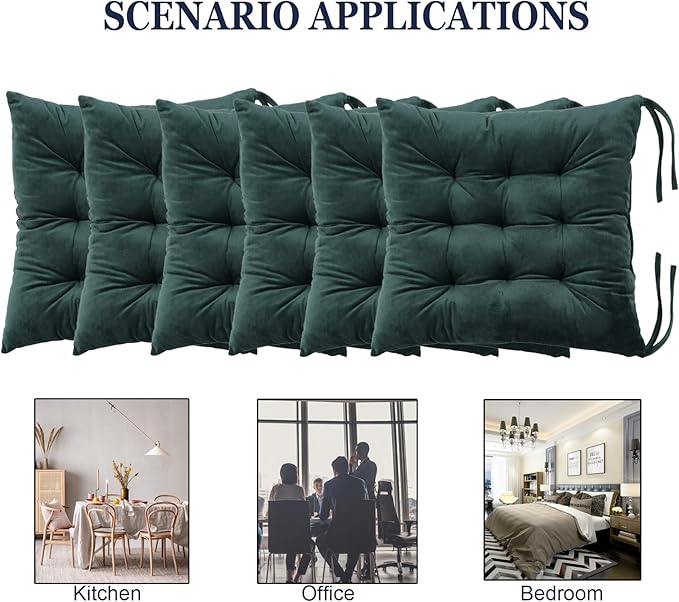 6 Pack Square Seat Cushion Chair Pads for Kitchen Dining Chairs, Soft Comfort Velvet Chair Mat Pillow Cushions with Ties for Office Desk Living Room Tatami 15.5", Dark Green