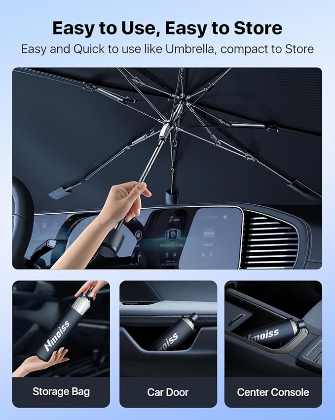 [Upgraded] Nmoiss Windshield Sun Shade Umbrella - [Vinyl Coating Heat Shield] Protect Car from Sun Rays & Heat Damage Keep Cool and Protect Interior, Spring Structure Edge Large 61" L x 35" W