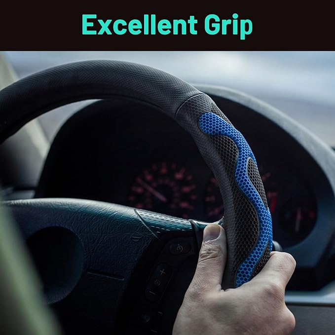 DaisyInner 17.5-18 Inch Truck Steering Wheel Cover Leather Wheel Semi-Truck Comfy Grip Cover with 3D Honeycomb Anti-Slip Design Car Accessory, Fits RV, Big Rig and Classic Car(Blue, Classic Style)