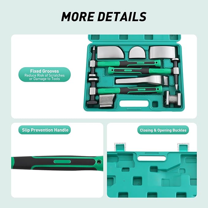 9pcs Dent Repair Kit with Carrying Case, Professional Auto Body PDR Tools with 45# Steel Hammers & 6 Lining Irons for Car Body Fender Door Panel Repair.