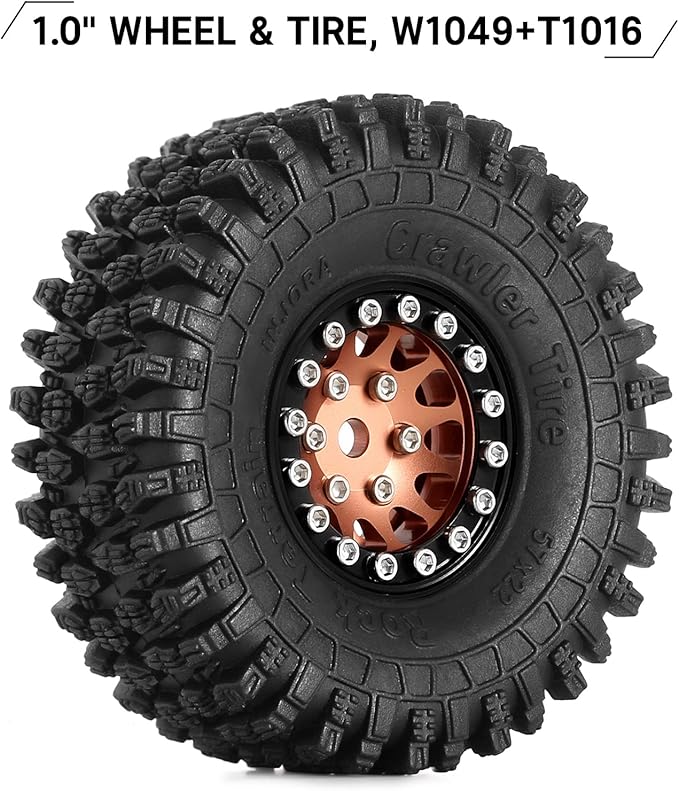 INJORA 1.0 Beadlock Wheel S5 Super Soft Sticky Crawler Tires for TRX4M Axial AX24 SCX24 FCX24 Enduro24 Upgrade, 57 * 22mm(Black＆Copper)