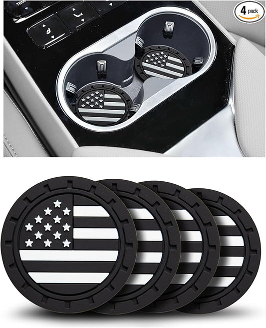 Car Cup Holder Coasters 4 Pack - American Flag 2.75 Inch Anti Slip Shockproof Drink Mat - Vehicle Interior Decor Accessories Black