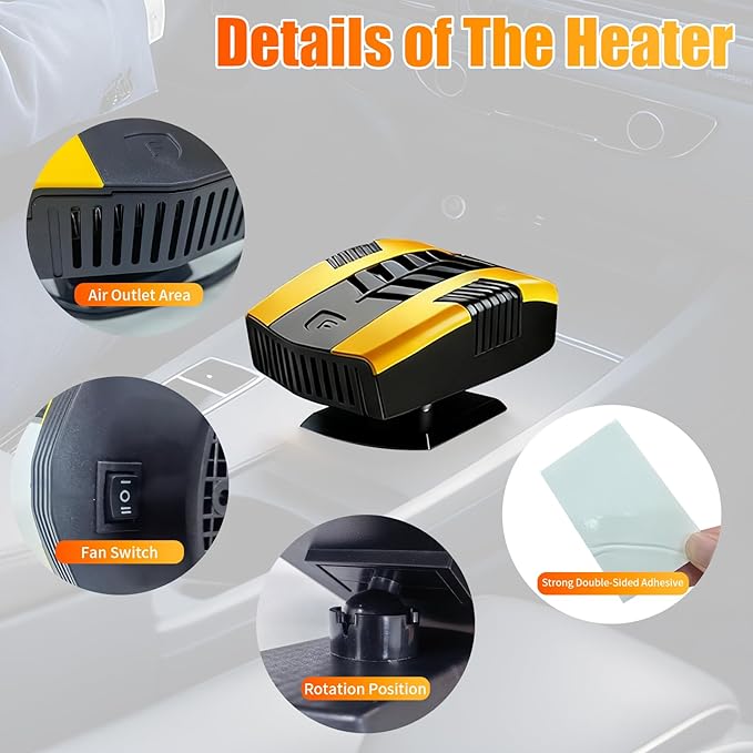 2026 Portable Car Heaters for Vehicle, Car Heater That Plugs Into Cigarette Lighte, Portable Heater for Car, 2 in 1 Fast Heating & Cooling 360° Rotatable Car Defroster Windshield Heater Yellow