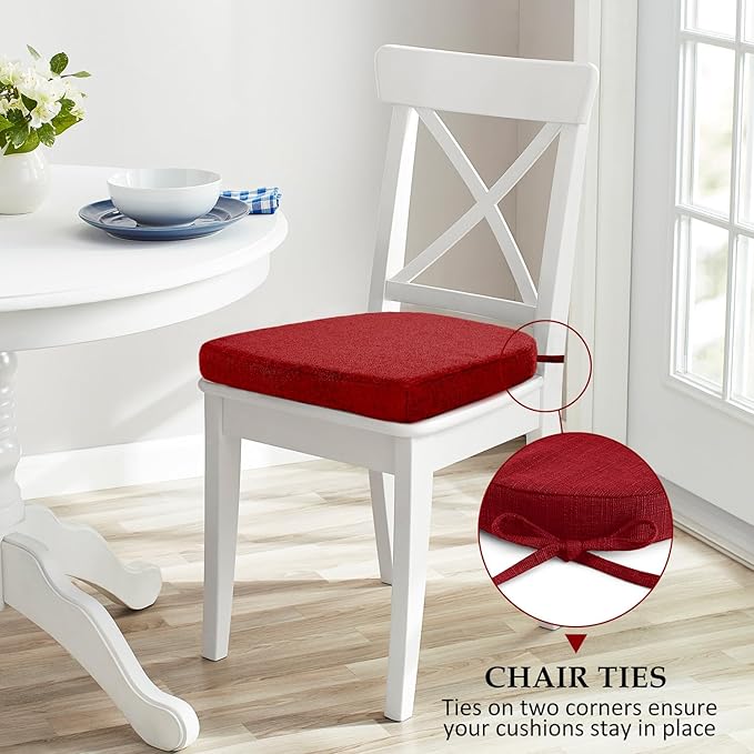Wellsin Chair Cushions for Dining Chairs 4 Pack - Kitchen Chair Cushions with Ties and Non-Slip Backing - Dining Chair Pads 16"X16"X2", Red
