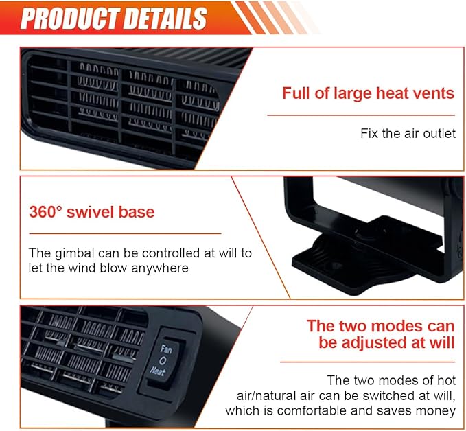 Car Heater, 12V 150W Fast Heating Windshield Defogger and Defroster, 2 in 1 Portable Heating & Cooling Fan, 360° Rotatable Heater with Plug-in Cigarette Lighter (Black)