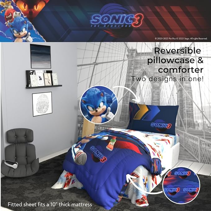 Sonic The Hedgehog 3 Movie Kids Bedding Super Soft Comforter and Sheet Set, 4 Piece Twin Size, (Officially Licensed Product) by Franco | Durable, Reversible, Officially Licensed