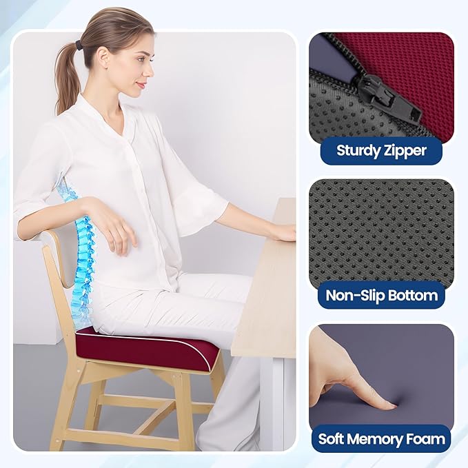 SweetSlubr Seat Cushion for Tailbone Pain Relief, Office Chair Cushion, Memory Foam Large Chair Cushion with Non-Slip Cover for Soft Support at Office Chair, Car Seat, Airplane Red/2X-Large