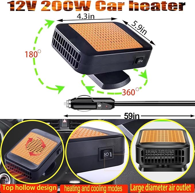 Car Heater for Vehicle,12V 200W Portable Car Heater that Plugs into Cigarette Lighter,Defroster for Car Windshield,2 in 1 Heating & Cooling Fans,Defrost Defogger,Car Plug in Space Heaters for Car