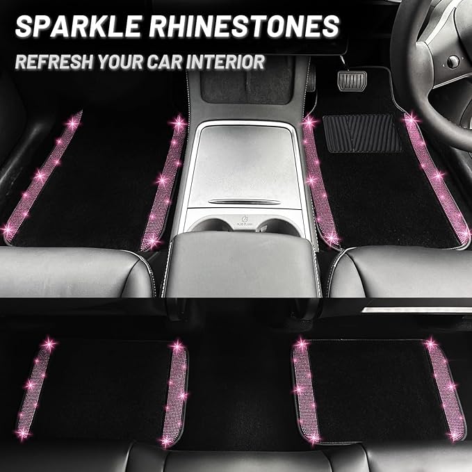NBTEPEM 12 Pcs Bling Car Accessories Set for Women Car Floor Mats Full Set Steering Wheel Cover Seat Belt Covers Coasters Universal Fit Car SUV Truck Van Pink