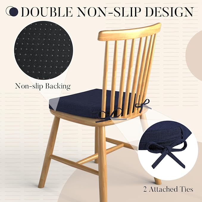 Basic Beyond Chair Cushions for Dining Chairs with Ties and Removable Cover, 2" Thick Seat Cushions for Kitchen Chairs, Set of 6, 17" x 16", Navy