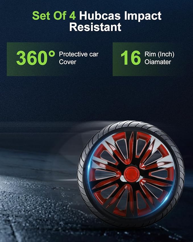 SCITOO 4-Pack 16 Inch Hubcaps Black & Red Wheel Cover Hubcaps for Cars