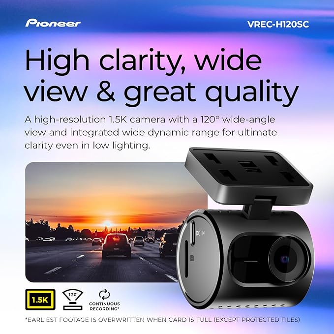 Pioneer VREC-H120SC Compact Dash Camera – Discreet 1.5K Resolution Front Dash Cam for Cars with Impact Detection, 120 Degree Wide Angle Coverage, Built-in WiFi, Companion App, USB-C Easy Install