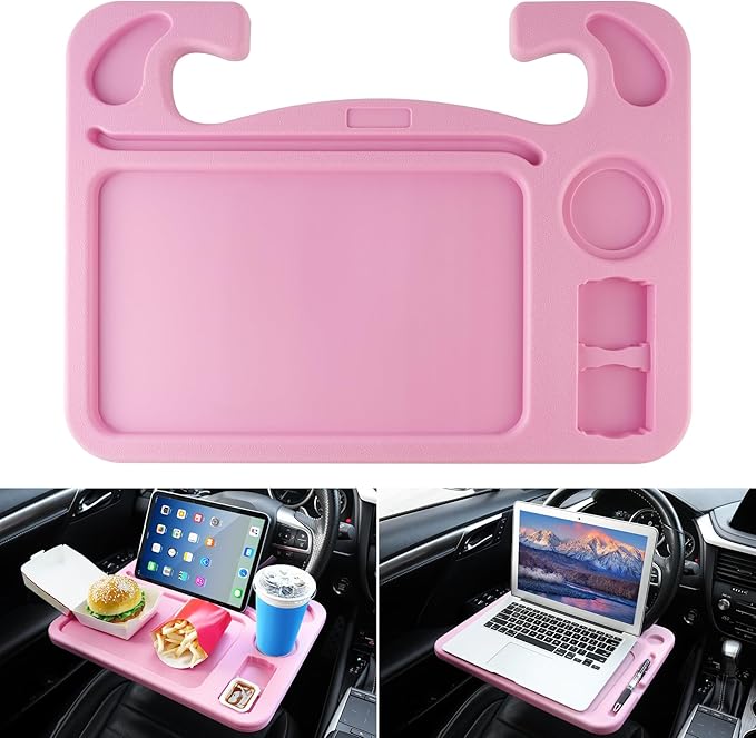 JUSTTOP 4 in 1 Car Steering Wheel Desk for Laptop,Versatile Upgraded Car Seat Tray,Spacious Steering Wheel Table with Tablet Holder and Dual Sauce Racks,Steering Wheel Under Table Console (Large+Pink)