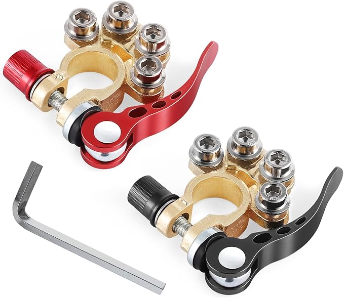 SINGARO Car Battery Terminal Clamp Connector, 4 Way Positive and Negative Pole Quick Release Terminal Clip, Applicable to SAE/JIS A Type Post, Compatible with Cars, Trucks and More（Gold-B）