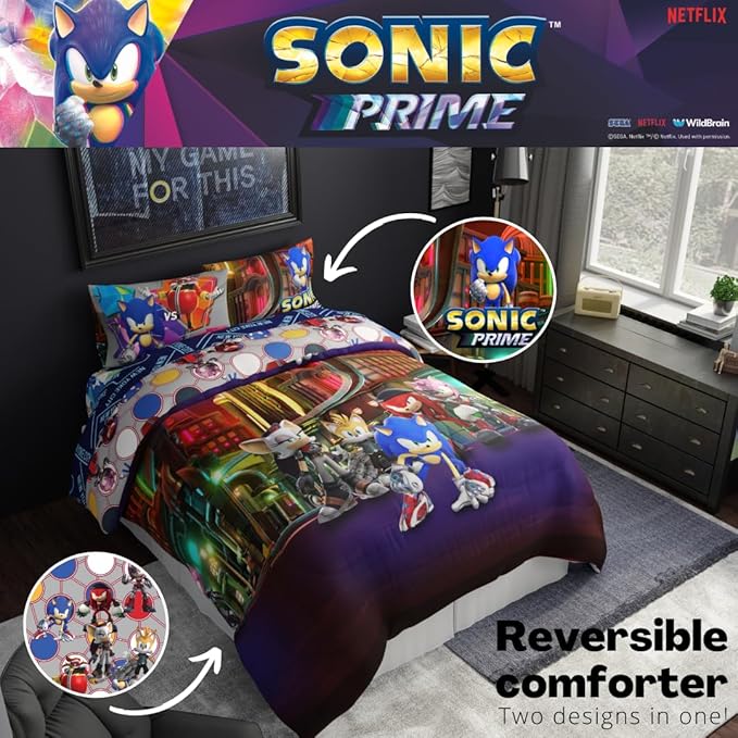 Sonic The Hedgehog Prime Anime Kids Bedding Super Soft Comforter and Sheet Set, 5 Piece Full Size, (Officially Licensed Product) by Franco