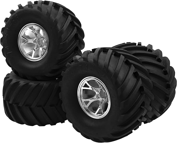 5.31''OD Rubber Tires & Wheel Rim 12mm Hex Hub Compatible with Traxxas Rustler HPI HSP Volcano Tamiya Exceed Himoto 1/10 Off-Road Monster Truck,135mmx73mm (Silver)
