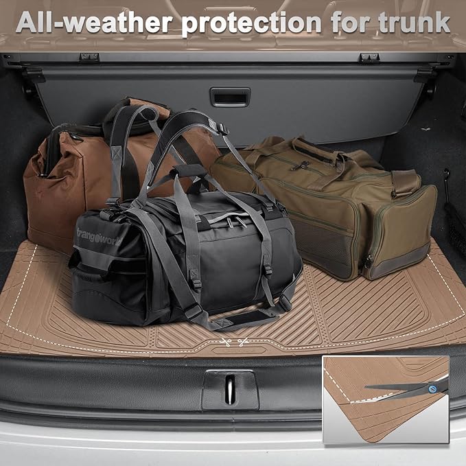 CAR PASS Beige Rubber Floor Mats&Cargo Liner,Waterproof Truck Mats Heavy Duty,All Weather Trim-to-Fit Automotive Mat for Car Truck SUV,Anti-Slip Easy Clean Durable,Full Set 5-Piece,3D Emboss All Beige