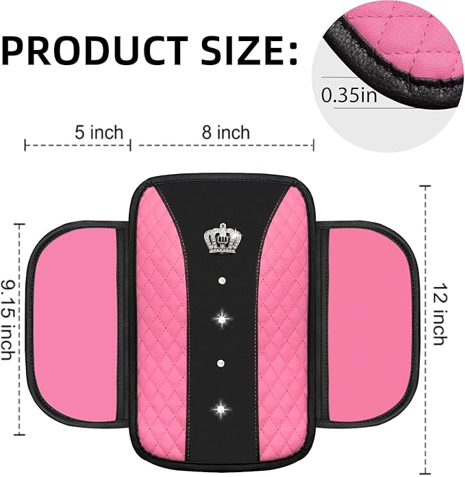 NBTEPEM 6 PCS Bling Car Accessories Set, Leather Steering Wheel Covers Universal 14.5-15 inch, Center Console Cover, Seat Belt Cushion, Cup Holder Coaster (Pink)