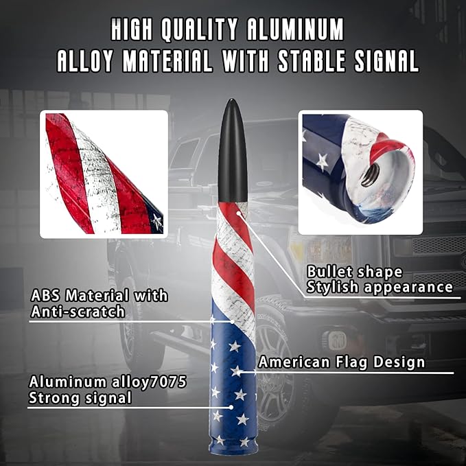 American Flag Car Truck Bullet Antenna with Valve Stem Caps, Universal Antenna Mast for GM Chevy Silverado 1500 2500 3500 HD Avalanche Ford F150 F250 F350 Heavy Duty Pickup Jeep Accessories (Black)