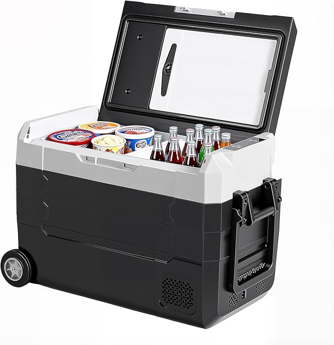 OLIXIS Portable Car Refrigerator, 42QT Dual-Zone Electric Cooler for Vehicles with Wheels & Cutting Board, -4℉-68℉ Freezer Smart Control via Bluetooth, Battery Protection, 12/24V DC & 100-240V AC