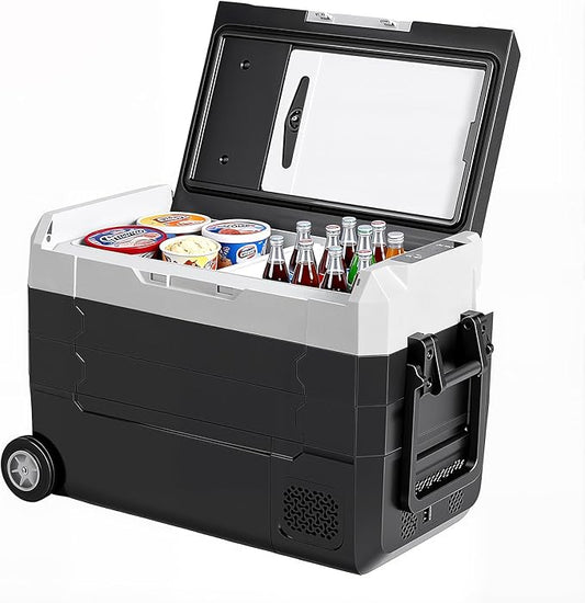 OLIXIS Portable Car Refrigerator, 42QT Dual-Zone Electric Cooler for Vehicles with Wheels & Cutting Board, -4℉-68℉ Freezer Smart Control via Bluetooth, Battery Protection, 12/24V DC & 100-240V AC