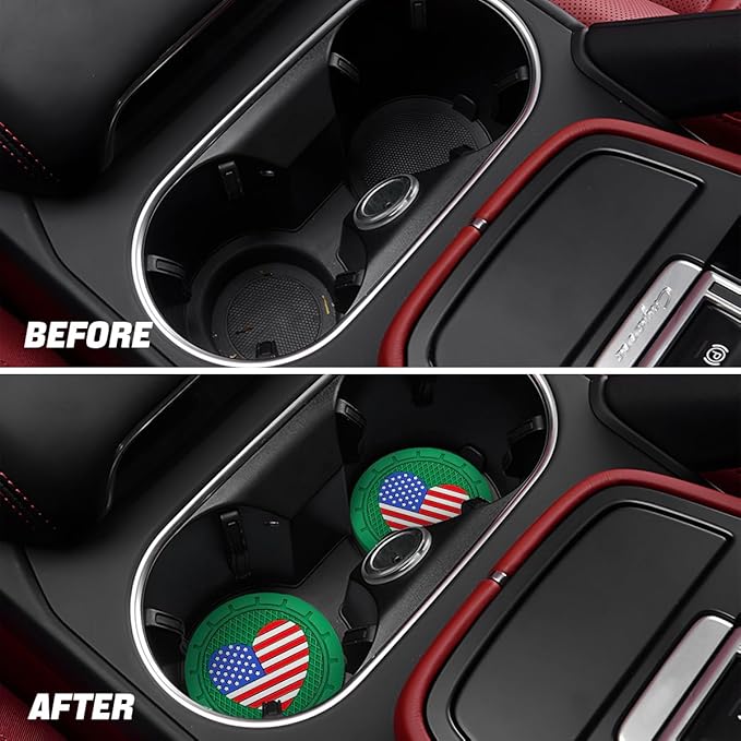 AUCELI 2 Pack Car Cup Holder Coasters, Colored American Flag US Flag Insert Car Cup Coaster, 2.75 Inch Anti Slip Shockproof Embedded Drink Mat, Vehicle Interior Decor Accessories