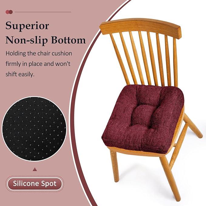 downluxe Chair Cushions for Dining Chairs 4 Pack, Tufted Indoor Chair Pads with Non-Slip Bottom, U-Shaped Kitchen Chair Cushions, 18"x18"x4", Burgundy
