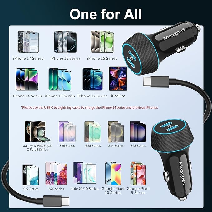 2 Pack 90W USB C Car Charger Super Fast Charging for iPhone 17 Pro Max/Air/16/15/iPad, Samsung S26 Android Phone, Dual 45W PD Port Auto Accessories, 12V Cigarette Lighter Adapter + 8 ft Type C Cord