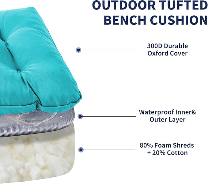 IPYNBAP Outdoor Bench Cushion, 48x18x5 Inch, Waterproof Bench Cushion for Outdoor/Indoor Furniture, Tufted Patio Bench Seat Cushion, Fade Resistant Outdoor Cushions for Porch Swing Couch, Teal Blue