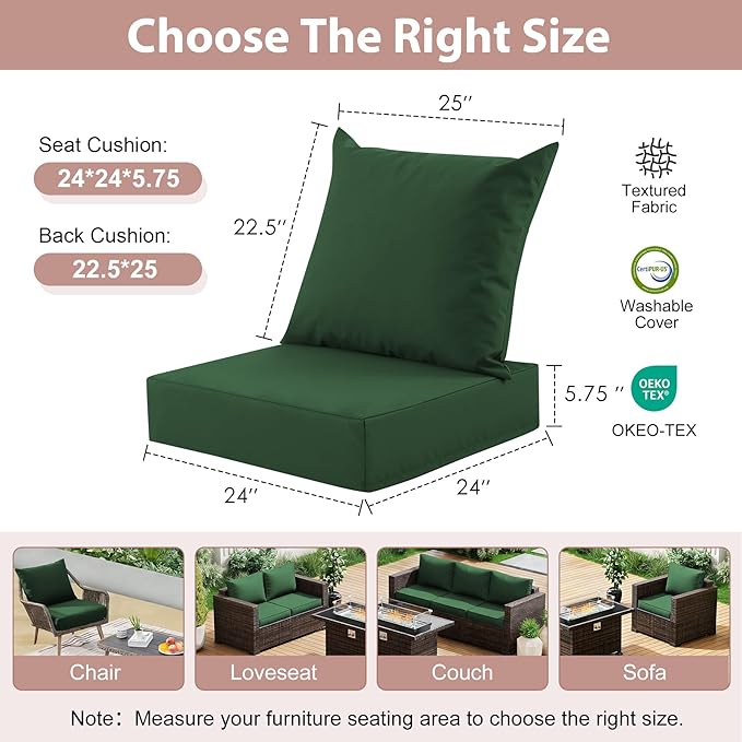Outdoor Deep Seat Cushion Set, 24x24 Inch Water-Resistant & Fade-Resistant Outdoor Chair Cushions, Patio Furniture Cushions with Removable Cover for Patio Chair, Sofa, Forest Green (Set of 2)