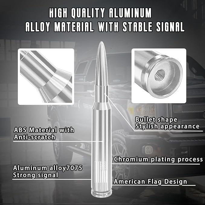 Car Truck Antenna with Valve Stem Caps, Universal Antenna Mast for GM Chevy Silverado 1500 2500 3500 HD Avalanche Ford F150 F250 F350 Denali Heavy Duty Pickup Jeep Trucks Accessories (Chrome)
