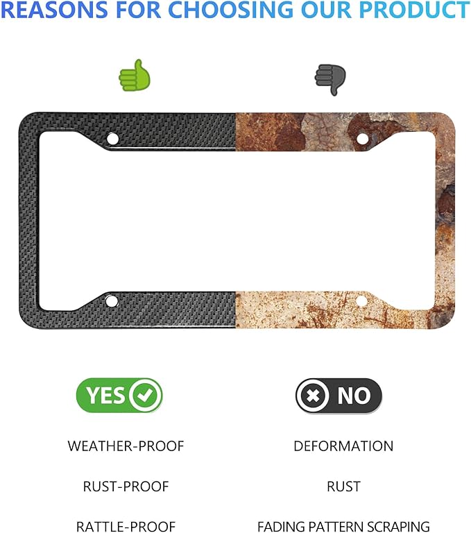 Carbon Fiber License Plate Frames- Black Carbon Pattern Aluminum Front & Rear Car Tag Holder Cover 2 Pack with Mount Hardware, Screws, Caps, Handlebar Stickers