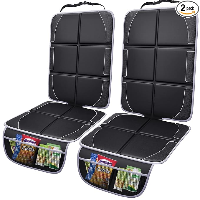 Gimars Car Seat Protector, 2 Pack, XL Thicken EPE Cushion Waterproof 600D Fabric Car Seat Cover for Child Car Seat with Nonslip Backing Mesh Pockets for Baby SUV Sedan Truck Leather Seats, Black-Gray