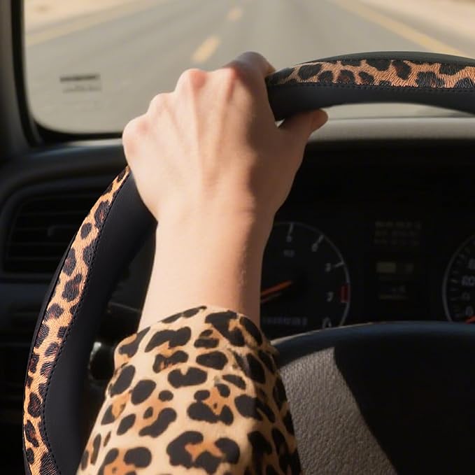 Leopard Steering Wheel Cover, Breathable Microfiber Leather Universal 14.5-15 inch for Most Automotive Steering Wheel Cheetah Print, Black