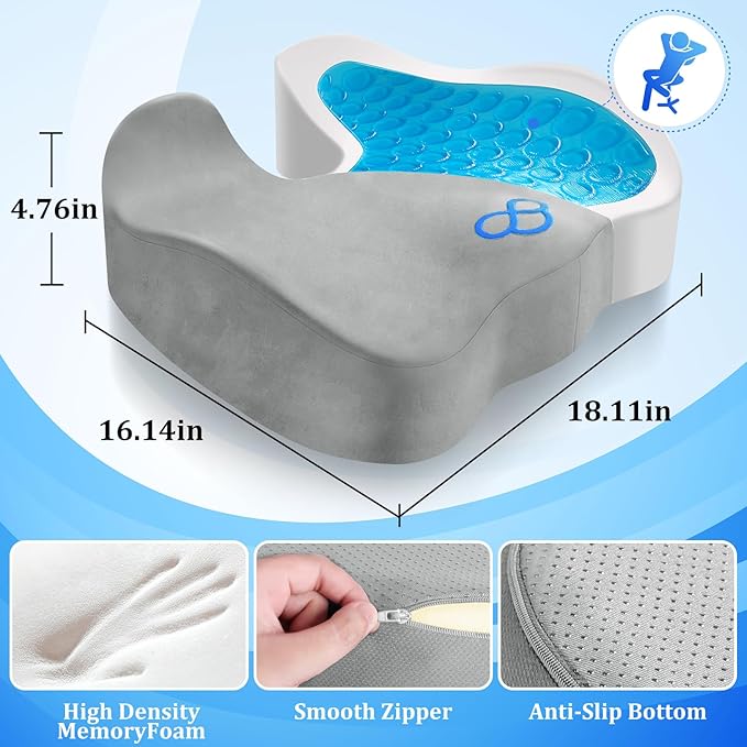 CushyOasis Seat Cushion, Chair Cushions, Office Chair Cushions, Anti-Slip Bottom & Removable Cover Tailbone Pain Relief Cushion, Memory Foam Seat Cushion for Office, Wheelchair, Car (Light Grey)