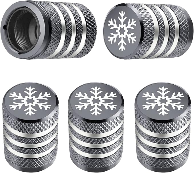 Tire Valve Stem Cap Cover - (5 Pack) Tire Air Caps Metal with Plastic Liner Corrosion Resistant Leak-Proof Snow Snowflake for Car Motorcycle Bike Grey