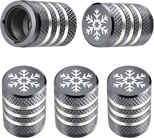 Tire Valve Stem Cap Cover - (5 Pack) Tire Air Caps Metal with Plastic Liner Corrosion Resistant Leak-Proof Snow Snowflake for Car Motorcycle Bike Grey