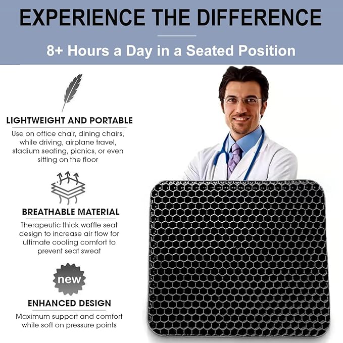 20" Gel Seat Cushion for Long Sitting(Jumbo&Thick) – Office Chair Cushion – Wheelchair Cushions for Pressure Sores – Non-Slip Desk Chair Car Seat Cushion Driving – Sciatica & Back Pain Relief
