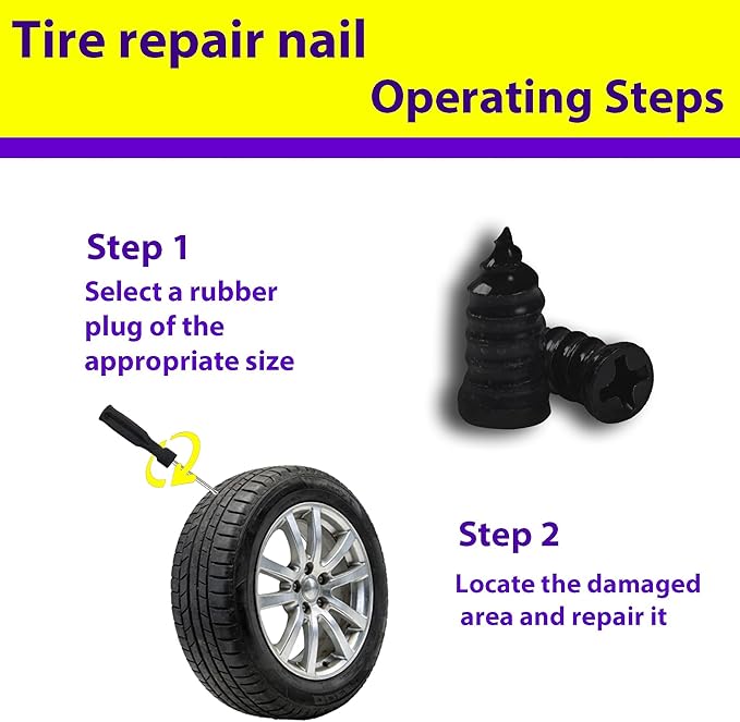 Tire Repair Rubber Nail, Vacuum Tire Repair Kits Spiral Rubber Nails，Fast Self-Service Tool for Car, Truck, Motorcycle, Tractor Tire Puncture Repair every tool you need for repair is included (Black)