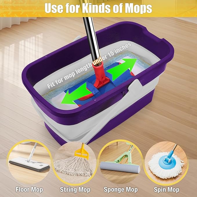 Collapsible Mop Bucket for Cleaning with Handle, Silicone Square Wash Bucket for Windows Cleaning Car Washing,Cleaning Supplies Organizer Plastic Water Bucket