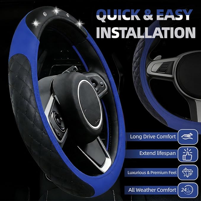 NBTEPEM 6 PCS Bling Car Accessories Set, Leather Steering Wheel Covers Universal 14.5-15 inch, Center Console Cover, Seat Belt Cushion, Cup Holder Coaster (Blue)