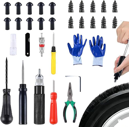 Tire Repair Kits Tubeless Tire Puncture Repair Kit with Mushroom Plug, Repairs punctures and Flat Tires for Motorcycles, Cars, Trucks, ATVs,Gun Puncture Repair Kit（34-Piece ）