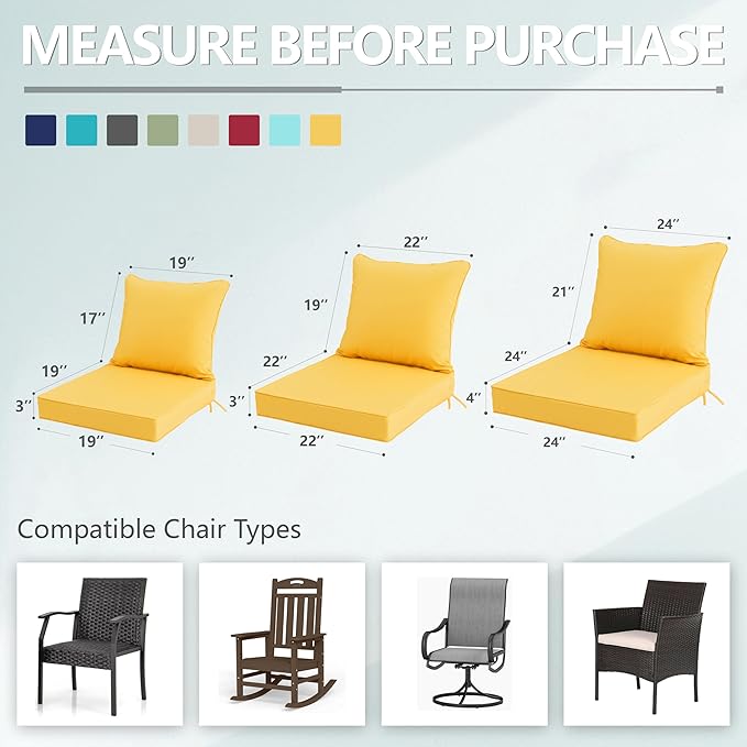 22x22 Inch Patio Chair Cushions Set of 4, Outdoor Furniture Cushions - Removable Cover, Water-Repellent, Fade-Resistant, Non-Slip Bottom & Straps, Replacement for Lawn, Porch & Deck Chair - Yellow