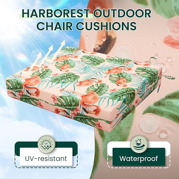 HARBOREST Outdoor Chair Cushions Set of 4, Water Resistant Patio Chair Cushions with Ties, Square Corner Outdoor Seat Cushions for Patio Furniture, 18.5"x16"x3", Flamingo