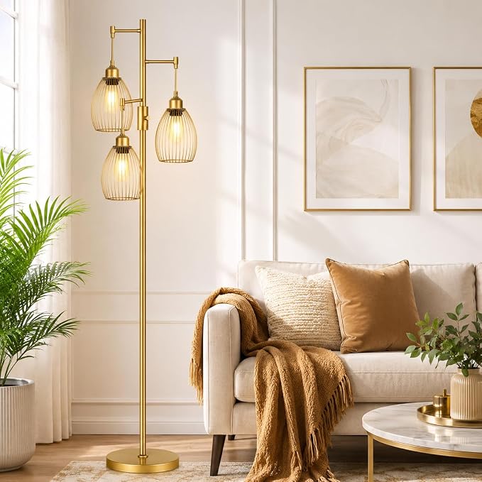 Dimmable Floor Lamp, 3 x 800LM LED Edison Bulbs Included, Farmhouse Industrial Floor Lamp Standing Tree Lamp with Elegant Teardrop Cage Head Tall Lamp for Living Room Bedroom Office Dining Room - Gold