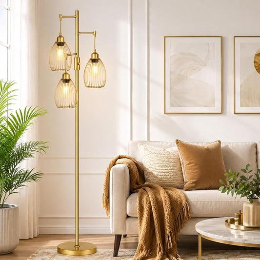Dimmable Floor Lamp, 3 x 800LM LED Edison Bulbs Included, Farmhouse Industrial Floor Lamp Standing Tree Lamp with Elegant Teardrop Cage Head Tall Lamp for Living Room Bedroom Office Dining Room - Gold