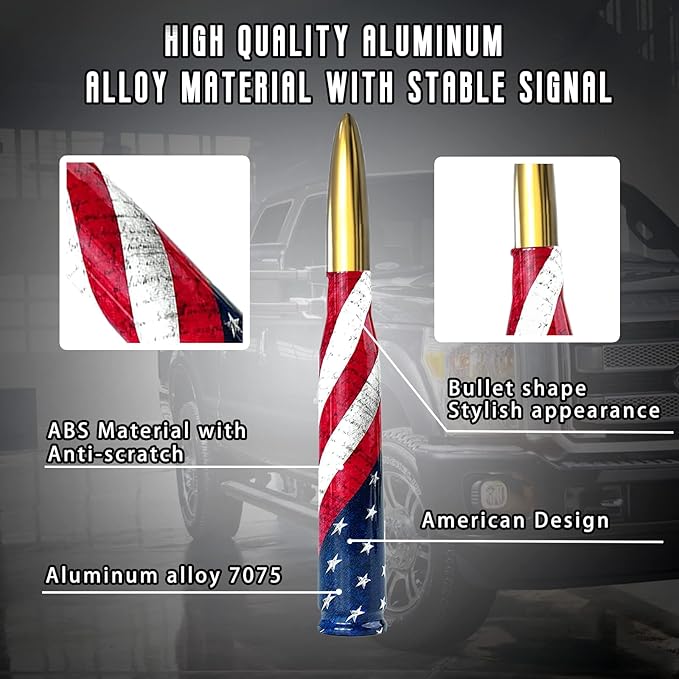 American Flag Car Truck Bullet Antenna with Valve Stem Caps, Universal Antenna Mast for GM Chevy Silverado 1500 2500 3500 HD Avalanche Ford F150 F250 F350 Heavy Duty Pickup Jeep Accessories (Gold)