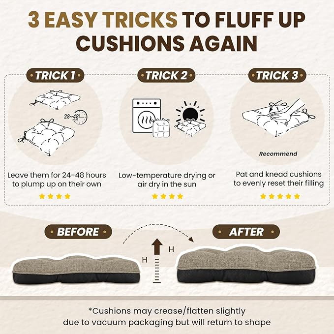 downluxe Indoor Chair Cushions for Dining Chairs, Tufted Overstuffed Textured Kitchen Chair Pads with Ties and Non-Slip Backing, 16.5" x 16.5" x 4", Khaki, 4 Pack