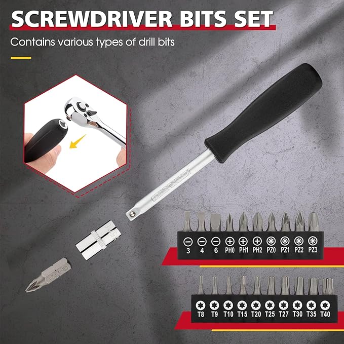 1/4" Drive Socket Set 74-Piece, 1/4” Drive Master Socket Set with Ratchets, 1/4" Drive Bits Set Extensions Bar, Universal Joint (5/32-Inch- 9/16-Inch, 4mm-14mm)