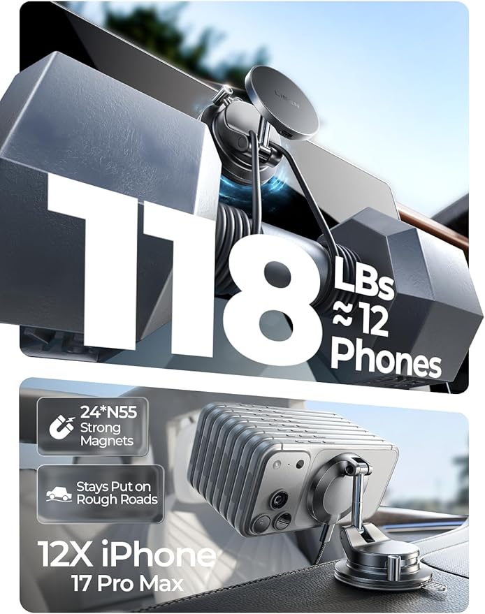 LISEN for 15W Magsafe Car Mount Charger, Magnetic Phone Holders for Your Car, Magnetic Wireless Car Charger, Suction Phone Mount for Car Accessories for Truck Jeep for iPhone 17 Pro Max 16 15 14 13 12